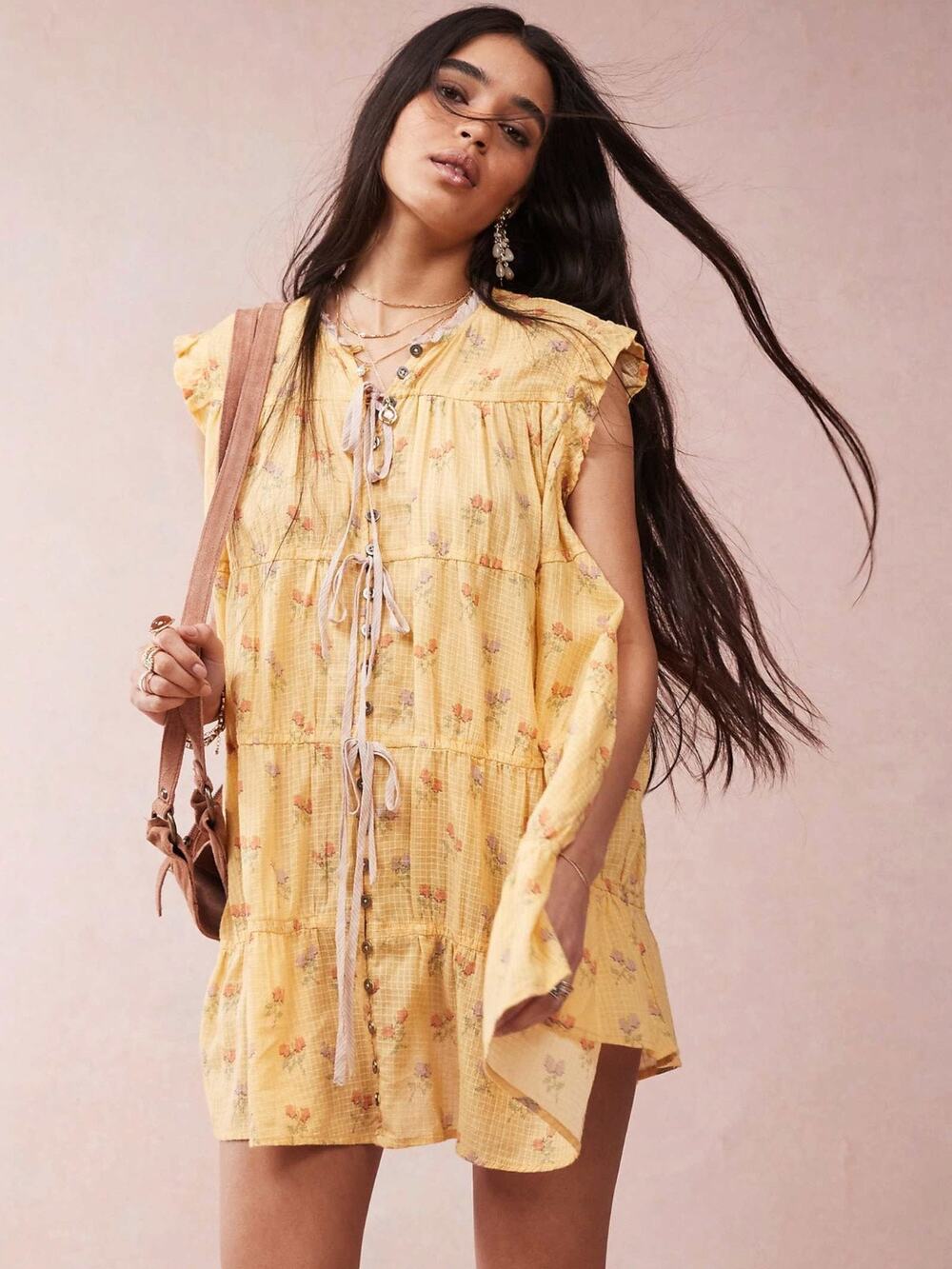 Free People Bohemian Prairie Sundown Mini Dress Tunic Top Sunshine Combo Size XL